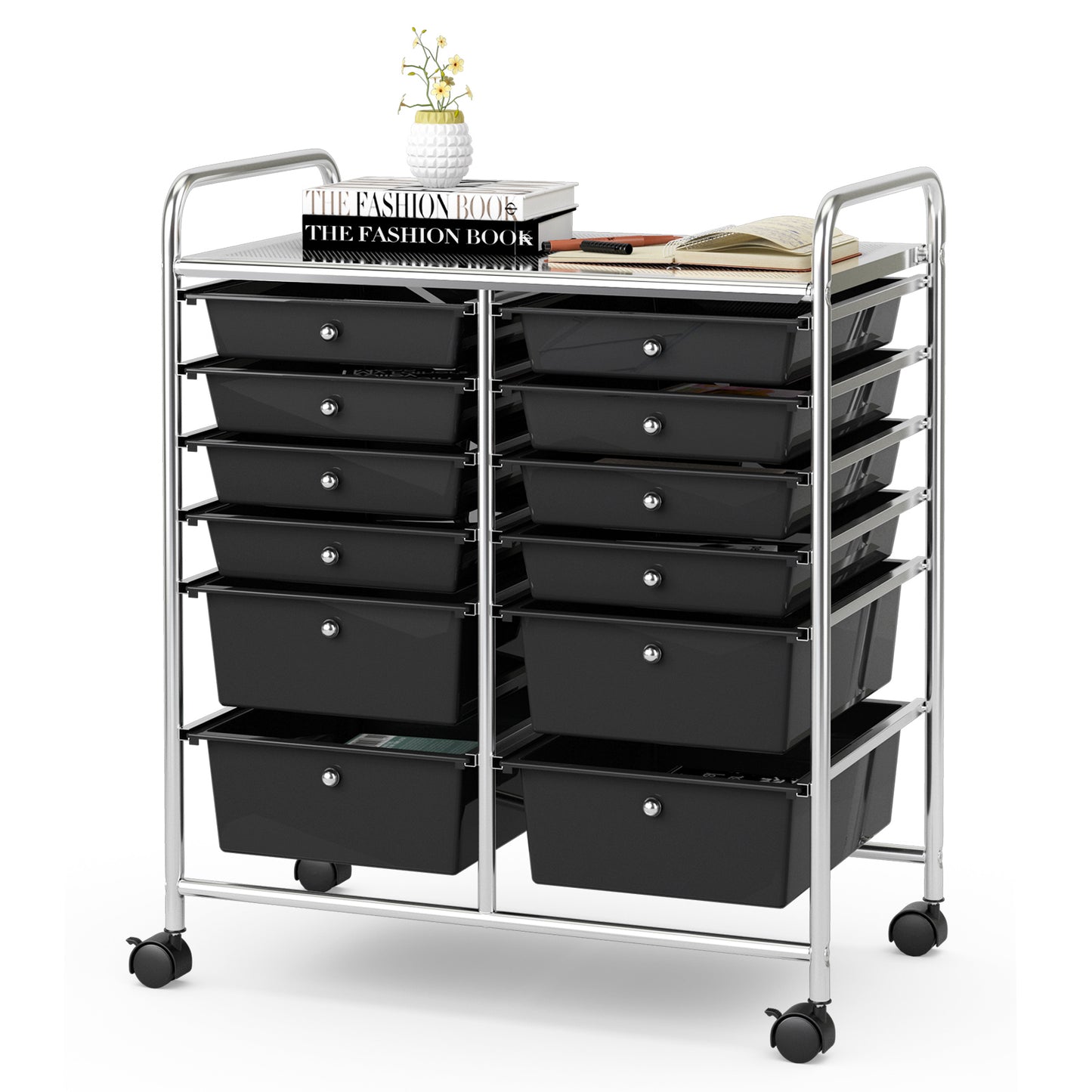12 Storage Drawer Organizer Bins Rolling Cart, Black