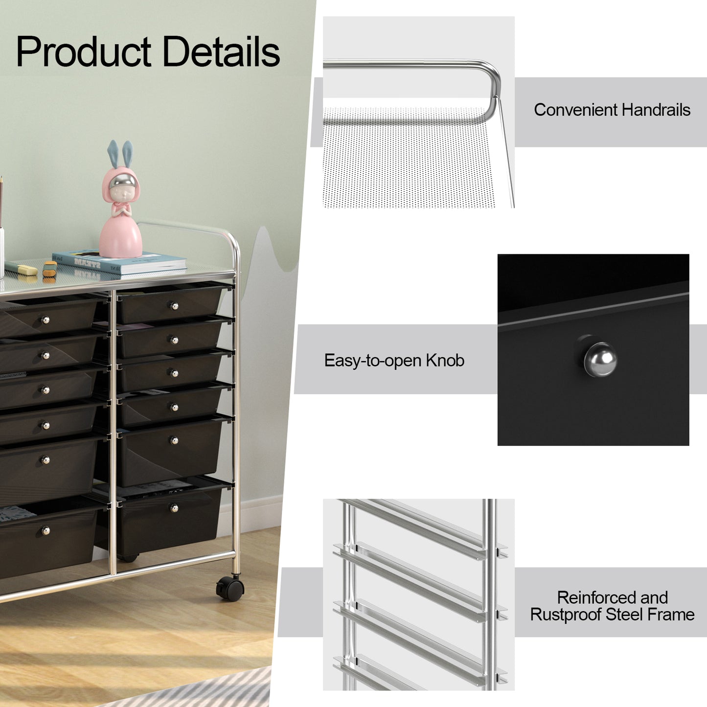 12 Storage Drawer Organizer Bins Rolling Cart, Black File Cabinets at Gallery Canada