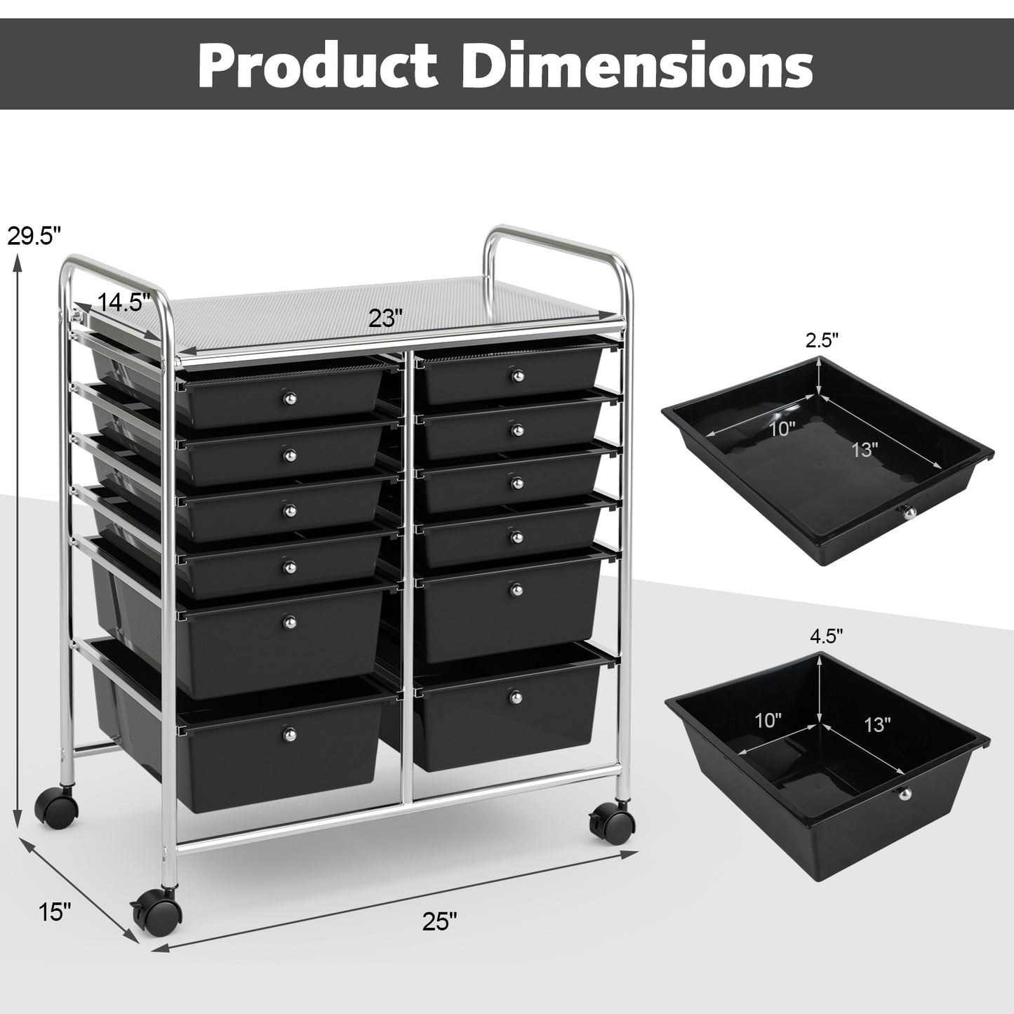 12 Storage Drawer Organizer Bins Rolling Cart, Black