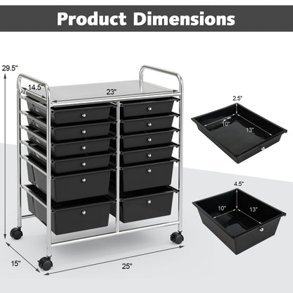 12 Storage Drawer Organizer Bins Rolling Cart, Black