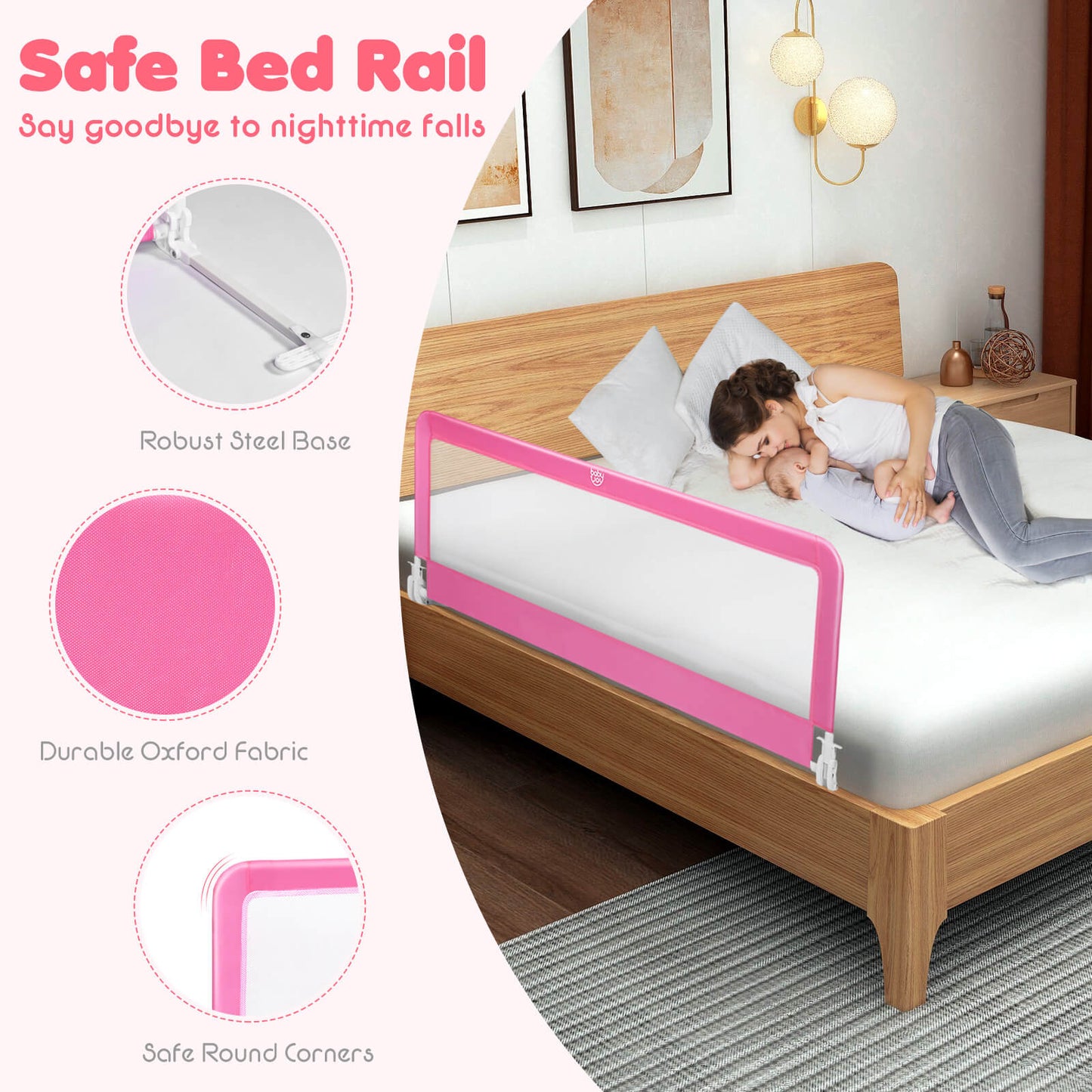 59 Inch Extra Long Folding Breathable Baby Children Toddlers Bed Rail Guard with Safety Strap, Pink - Gallery Canada