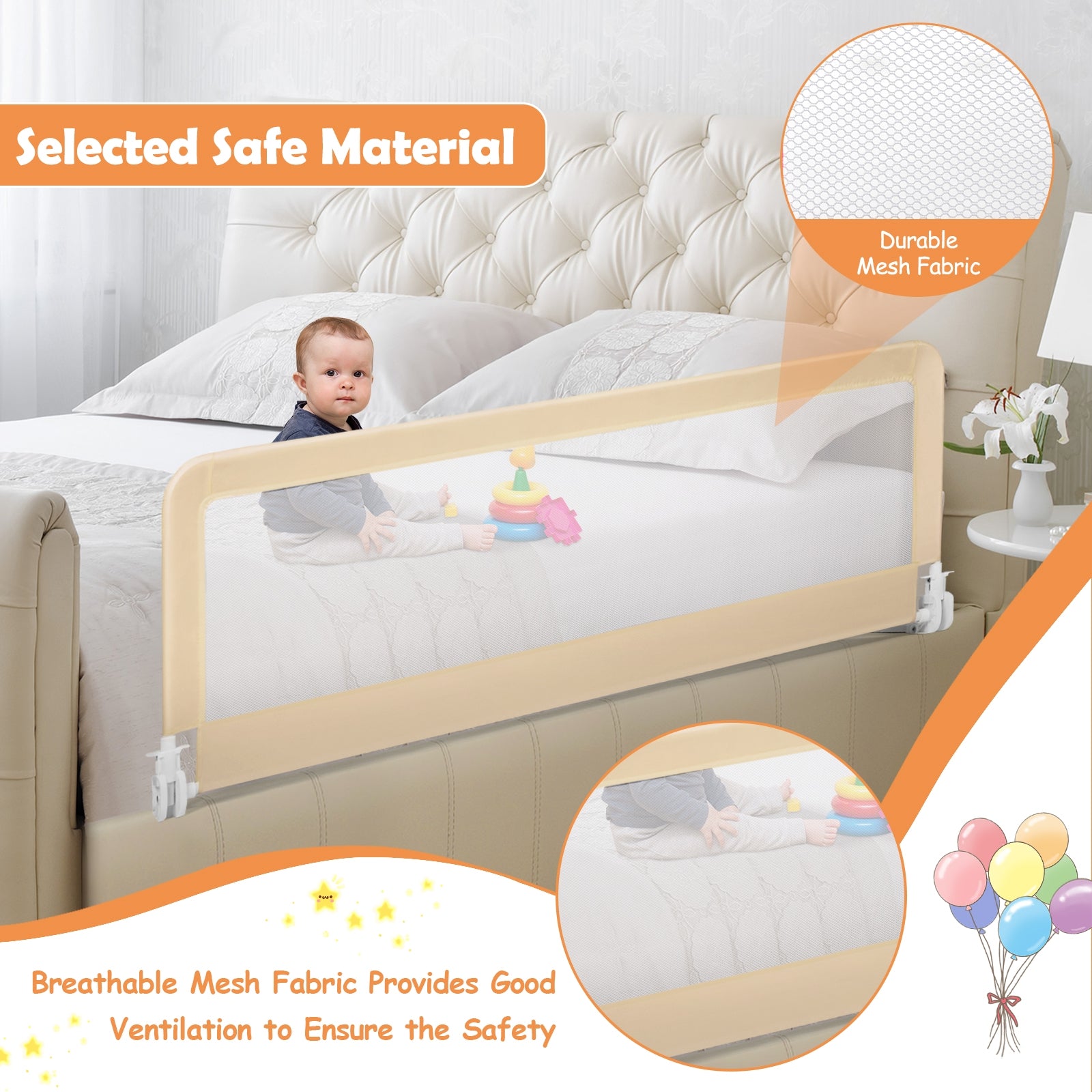 59 Inch Extra Long Folding Breathable Baby Children Toddlers Bed Rail Guard with Safety Strap, Beige Bed Rails at Gallery Canada