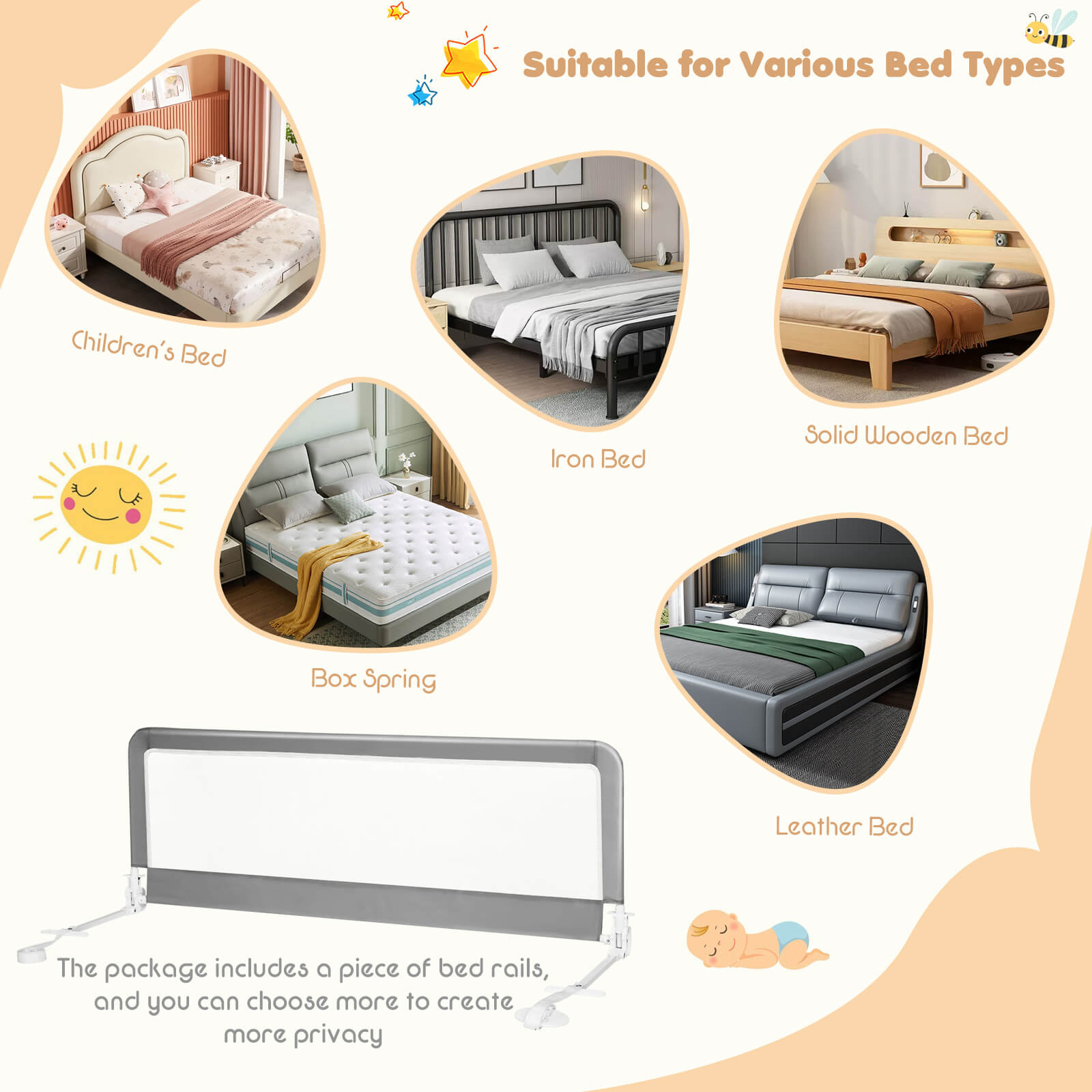 59 Inch Extra Long Folding Breathable Baby Children Toddlers Bed Rail Guard with Safety Strap, Gray - Gallery Canada