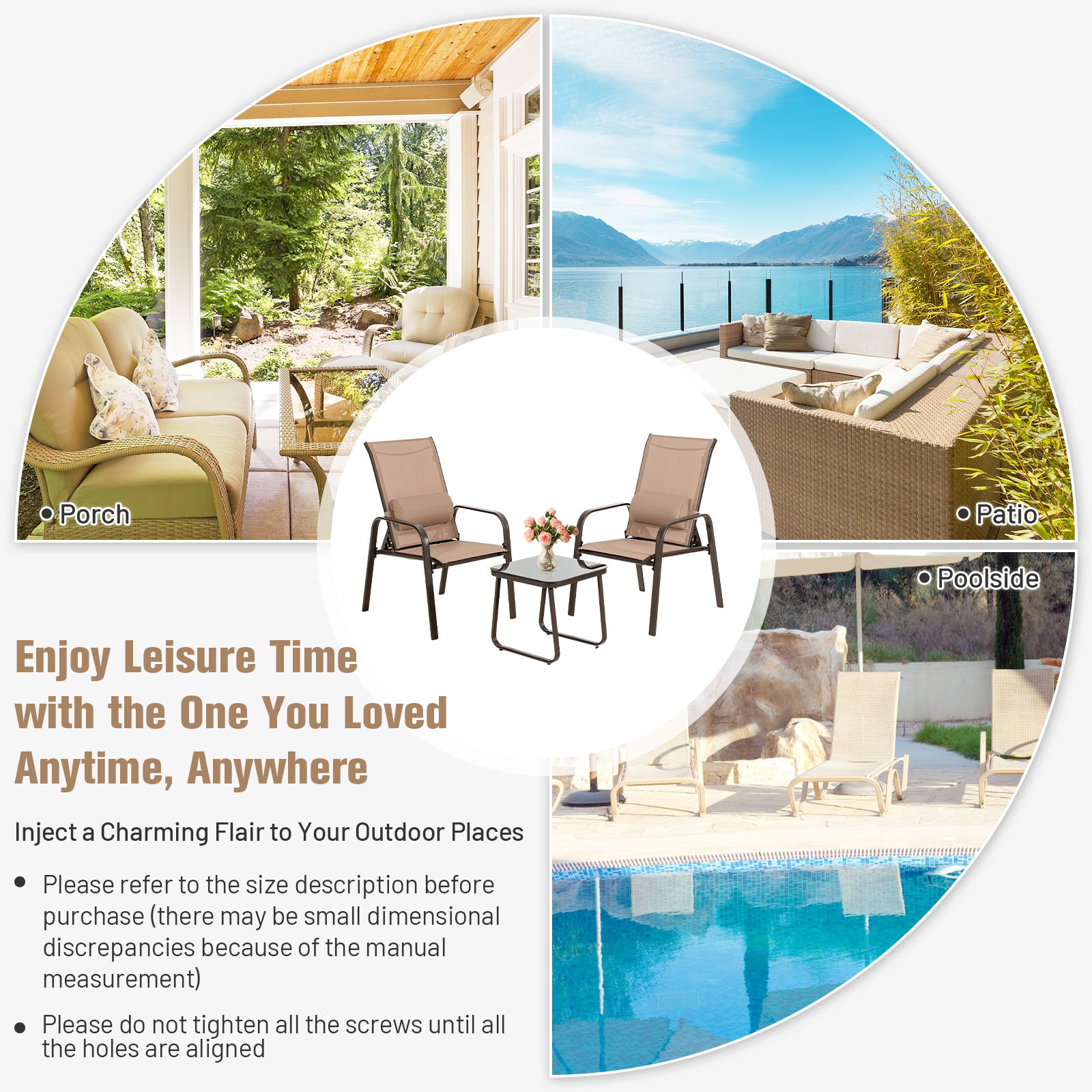 3 Pieces Patio Bistro Furniture Set with Adjustable Backrest, Brown Patio Conversation Sets at Gallery Canada