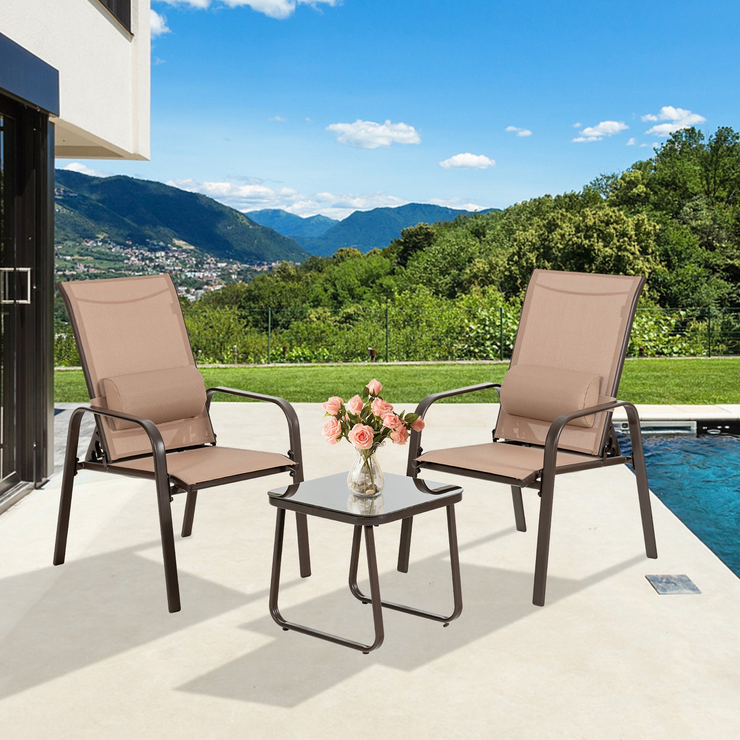 3 Pieces Patio Bistro Furniture Set with Adjustable Backrest, Brown Patio Conversation Sets at Gallery Canada