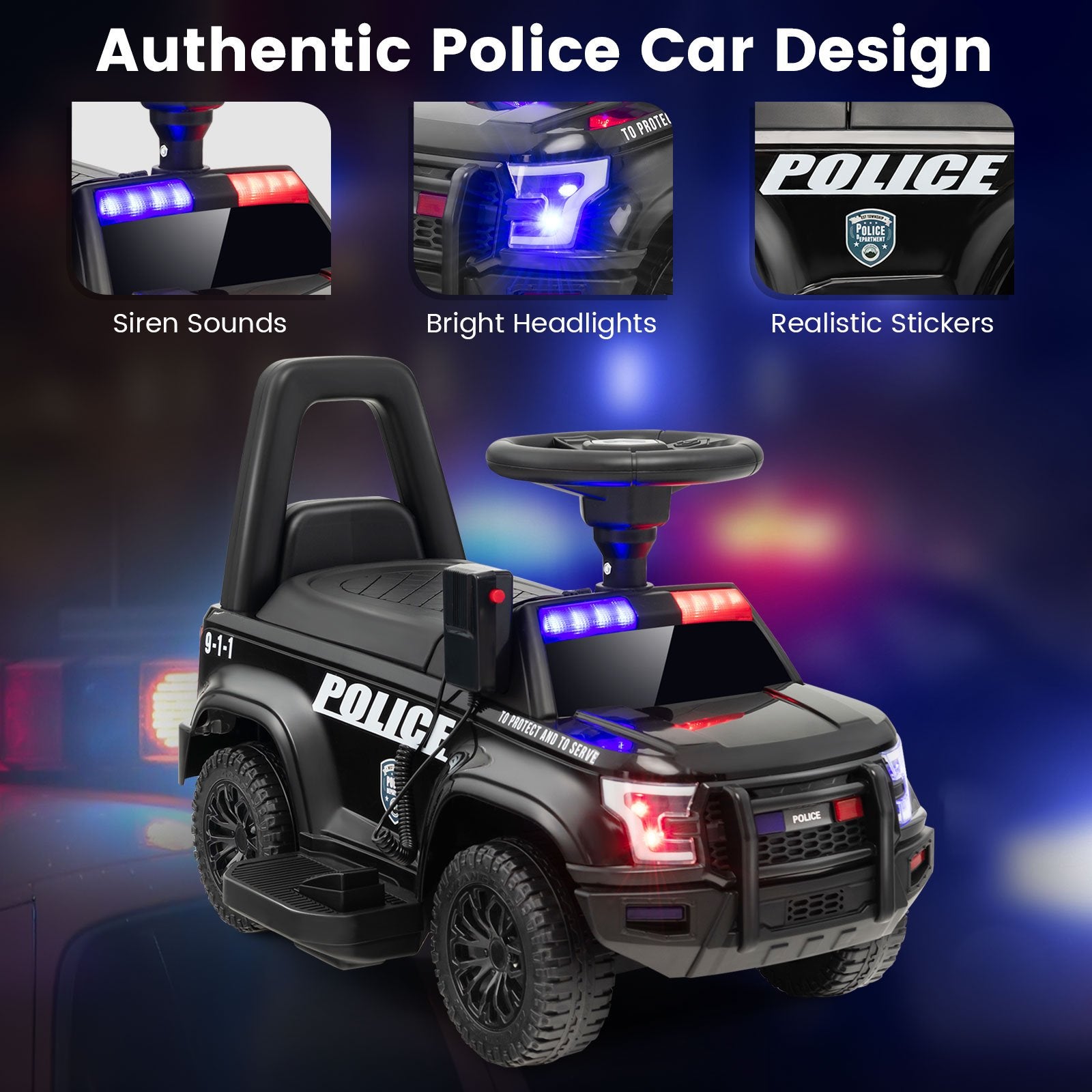 6V Kids Ride On Police Car with Real Megaphone and Siren Flashing Lights, Black - Gallery Canada