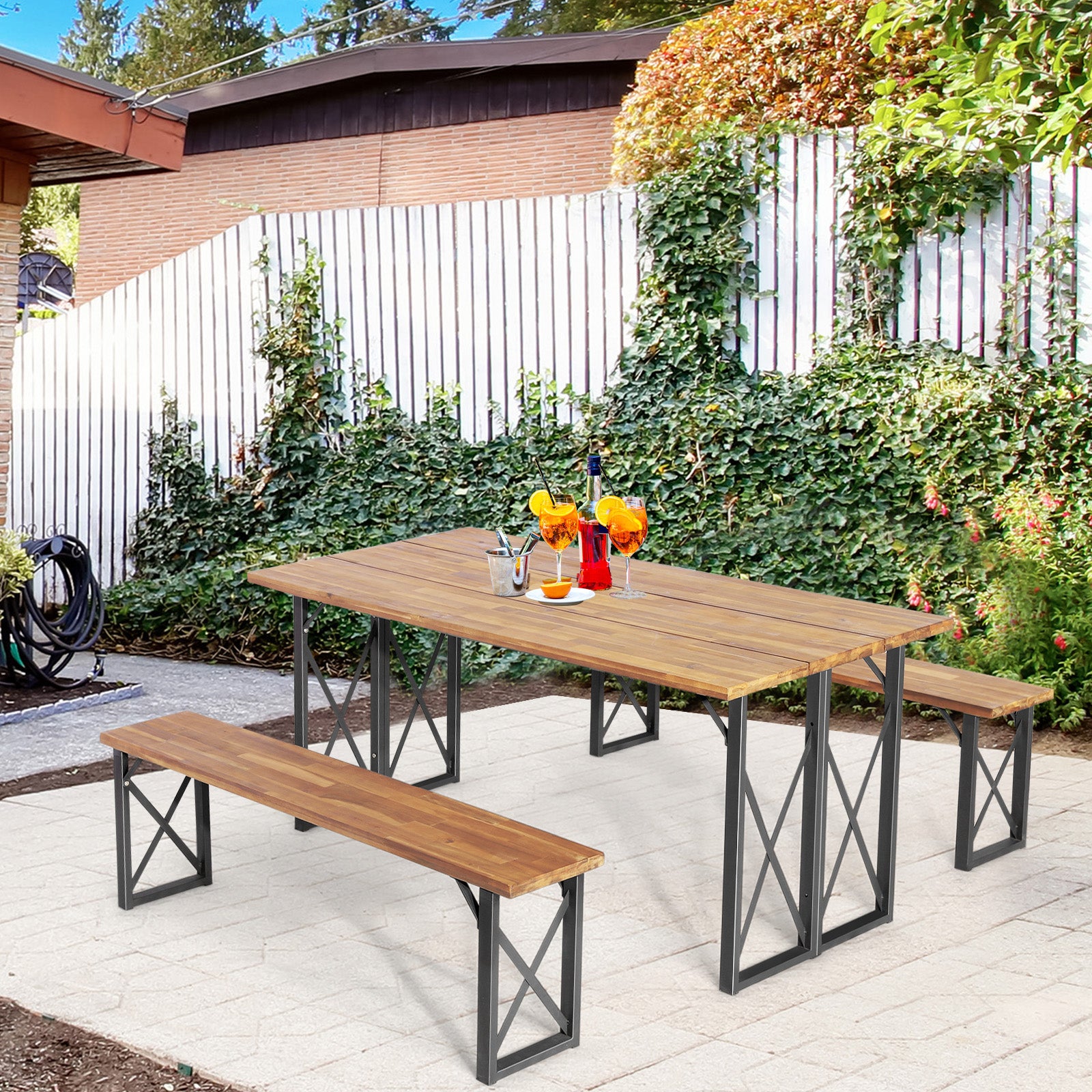 6-Person Outdoor Patio Dining Table Set with 2 Inch Umbrella Hole, Natural Picnic Tables at Gallery Canada