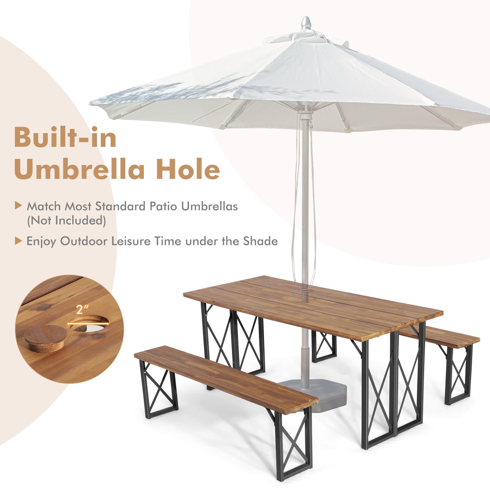 6-Person Outdoor Patio Dining Table Set with 2 Inch Umbrella Hole, Natural Picnic Tables at Gallery Canada