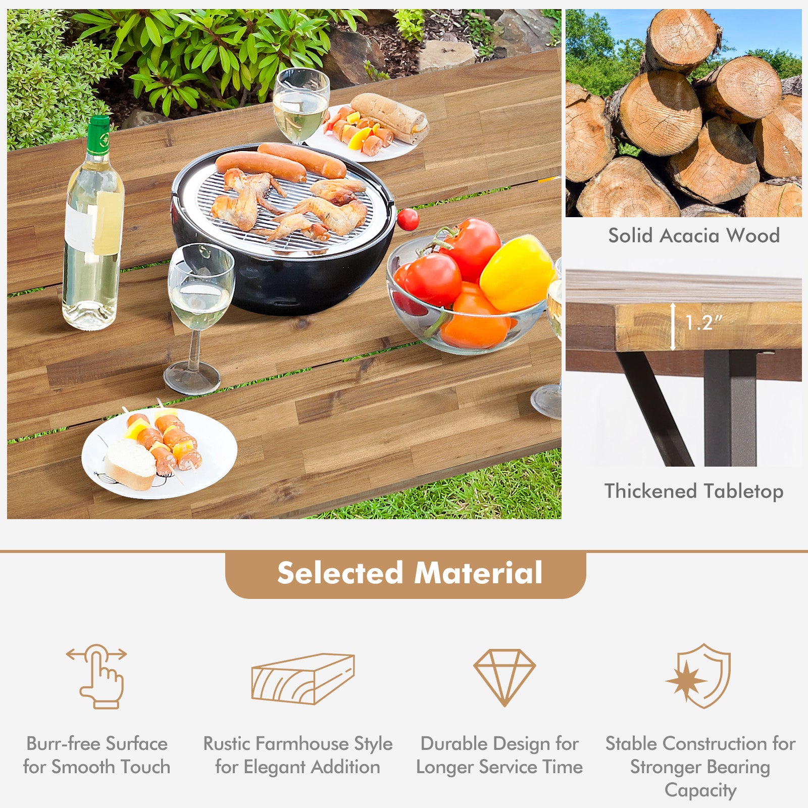 6-Person Outdoor Patio Dining Table Set with 2 Inch Umbrella Hole, Natural Picnic Tables at Gallery Canada