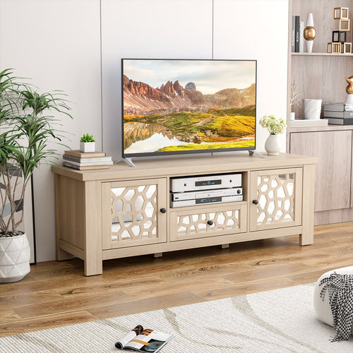 55 Inch Retro TV Stand Media Entertainment Center with Mirror Doors and Drawer, Natural