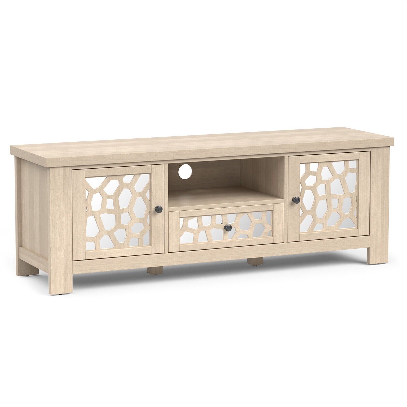 55 Inch Retro TV Stand Media Entertainment Center with Mirror Doors and Drawer, Natural Entertainment Centers & TV Stands Natural at Gallery Canada