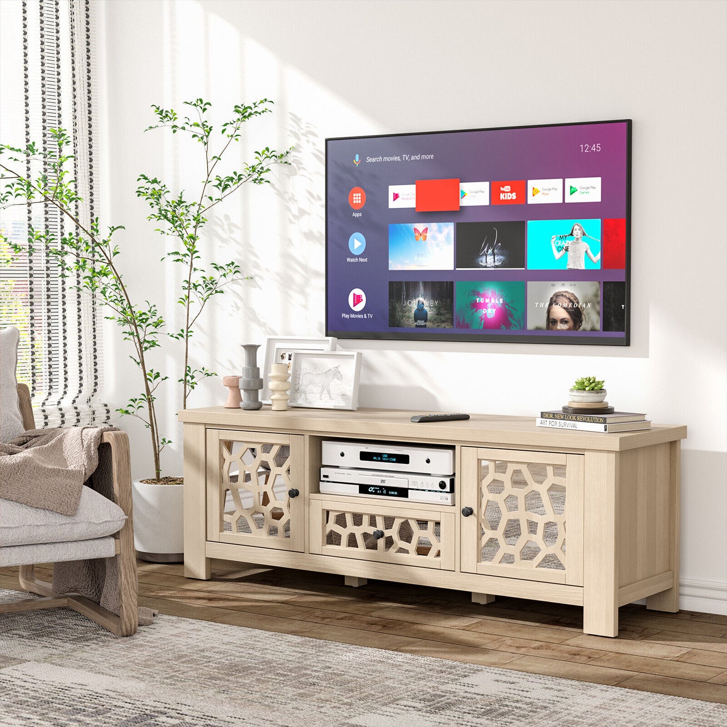 55 Inch Retro TV Stand Media Entertainment Center with Mirror Doors and Drawer, Natural Entertainment Centers & TV Stands at Gallery Canada