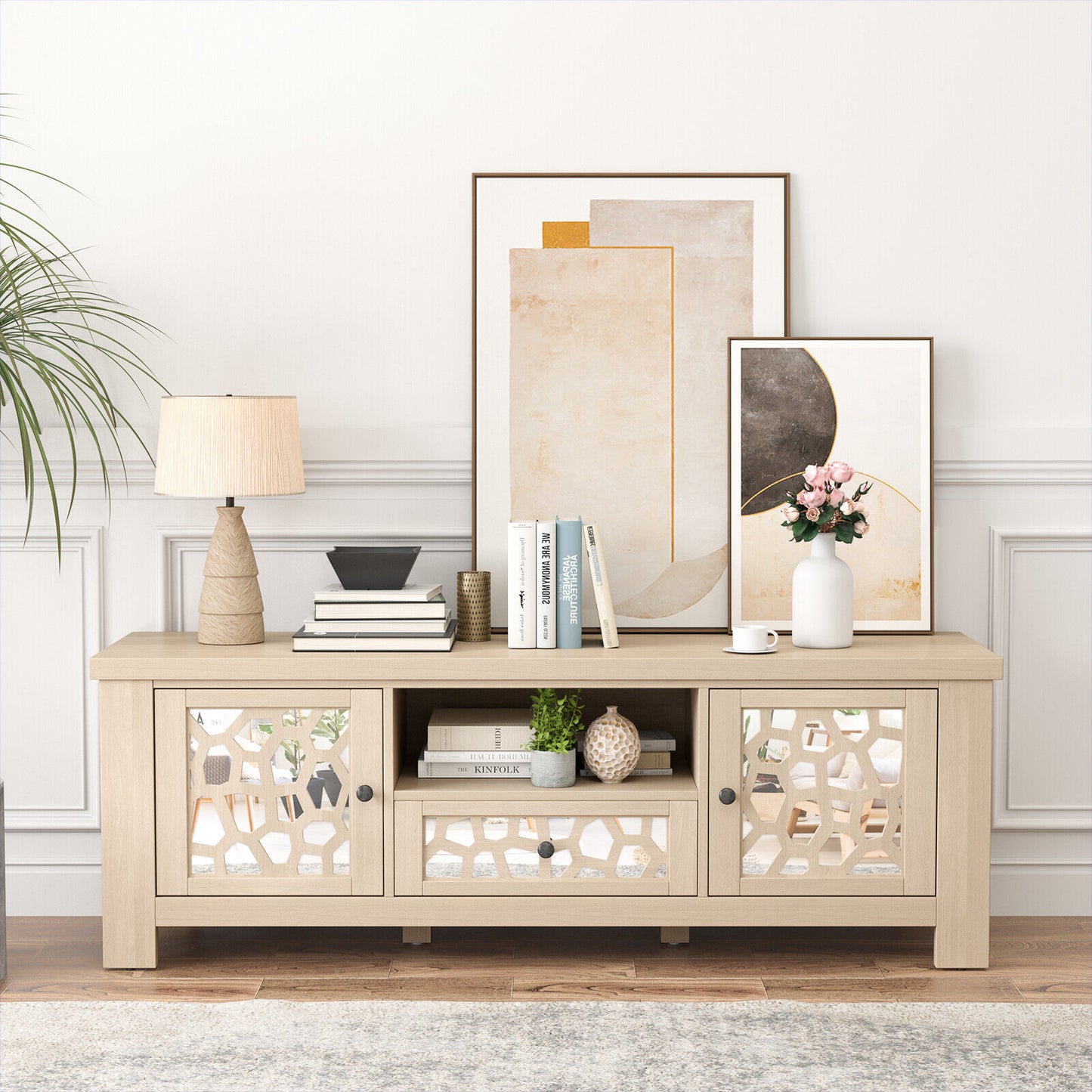 55 Inch Retro TV Stand Media Entertainment Center with Mirror Doors and Drawer, Natural Entertainment Centers & TV Stands at Gallery Canada