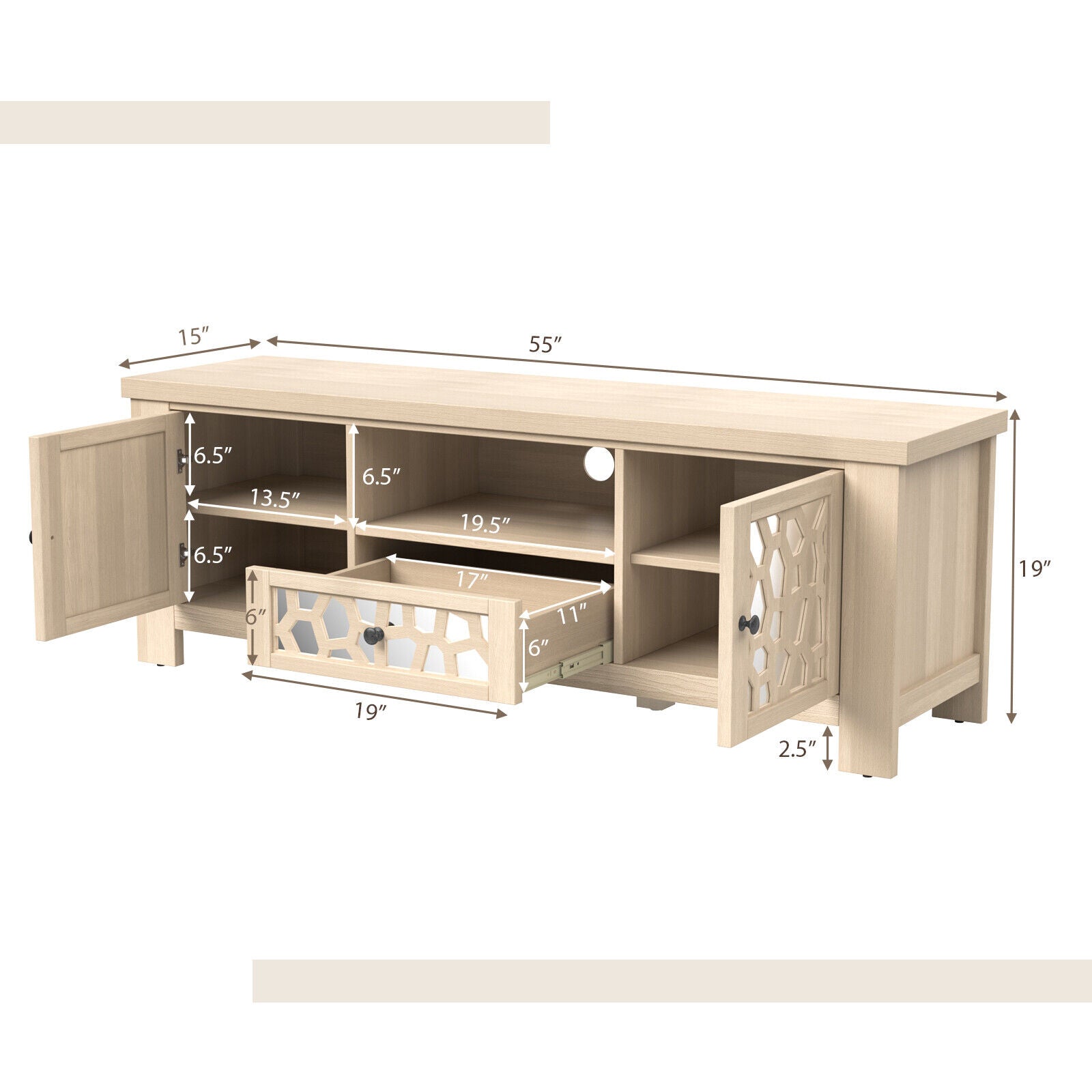 55 Inch Retro TV Stand Media Entertainment Center with Mirror Doors and Drawer, Natural Entertainment Centers & TV Stands at Gallery Canada