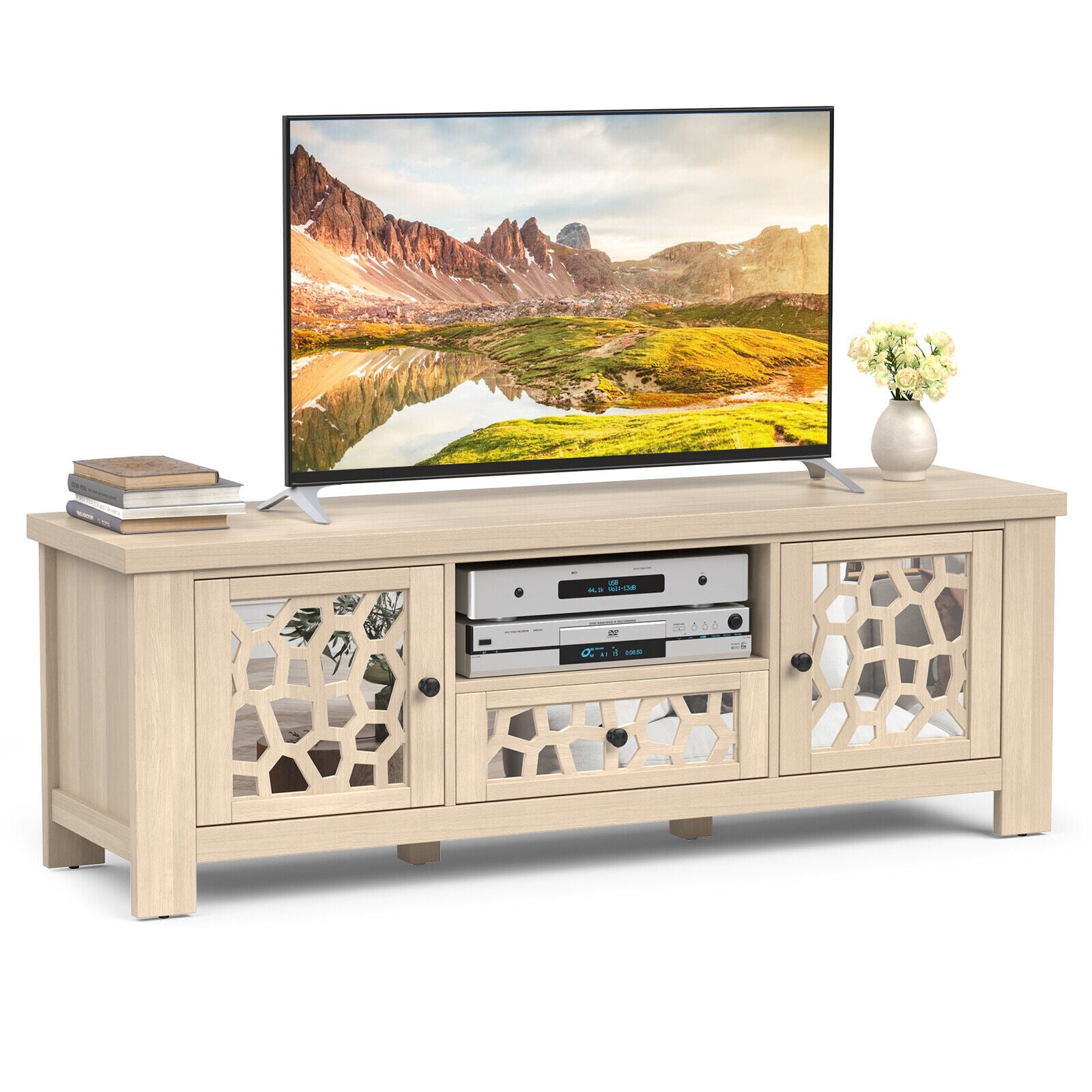 55 Inch Retro TV Stand Media Entertainment Center with Mirror Doors and Drawer, Natural Entertainment Centers & TV Stands at Gallery Canada