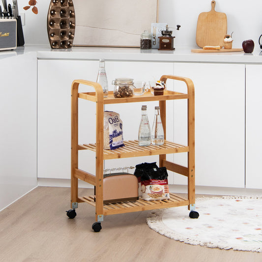 Multifunctional Bamboo Kitchen  Rolling Cart with Locking Casters and Sided Handles-3-Tier, Natural - Gallery Canada