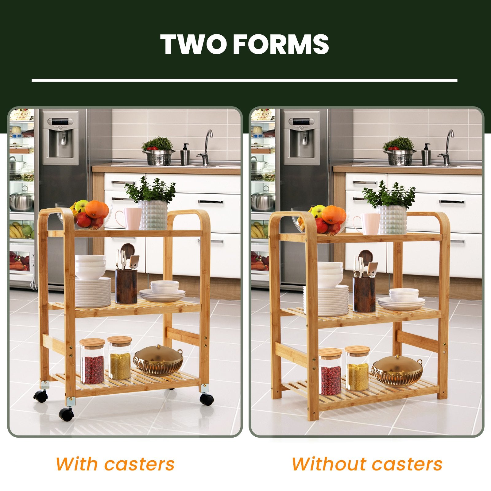 Multifunctional Bamboo Kitchen  Rolling Cart with Locking Casters and Sided Handles-3-Tier, Natural - Gallery Canada