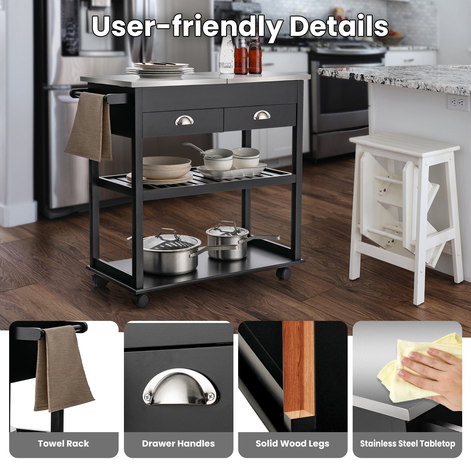 Rolling Kitchen Island Trolley Cart with Drawers, Black - Gallery Canada
