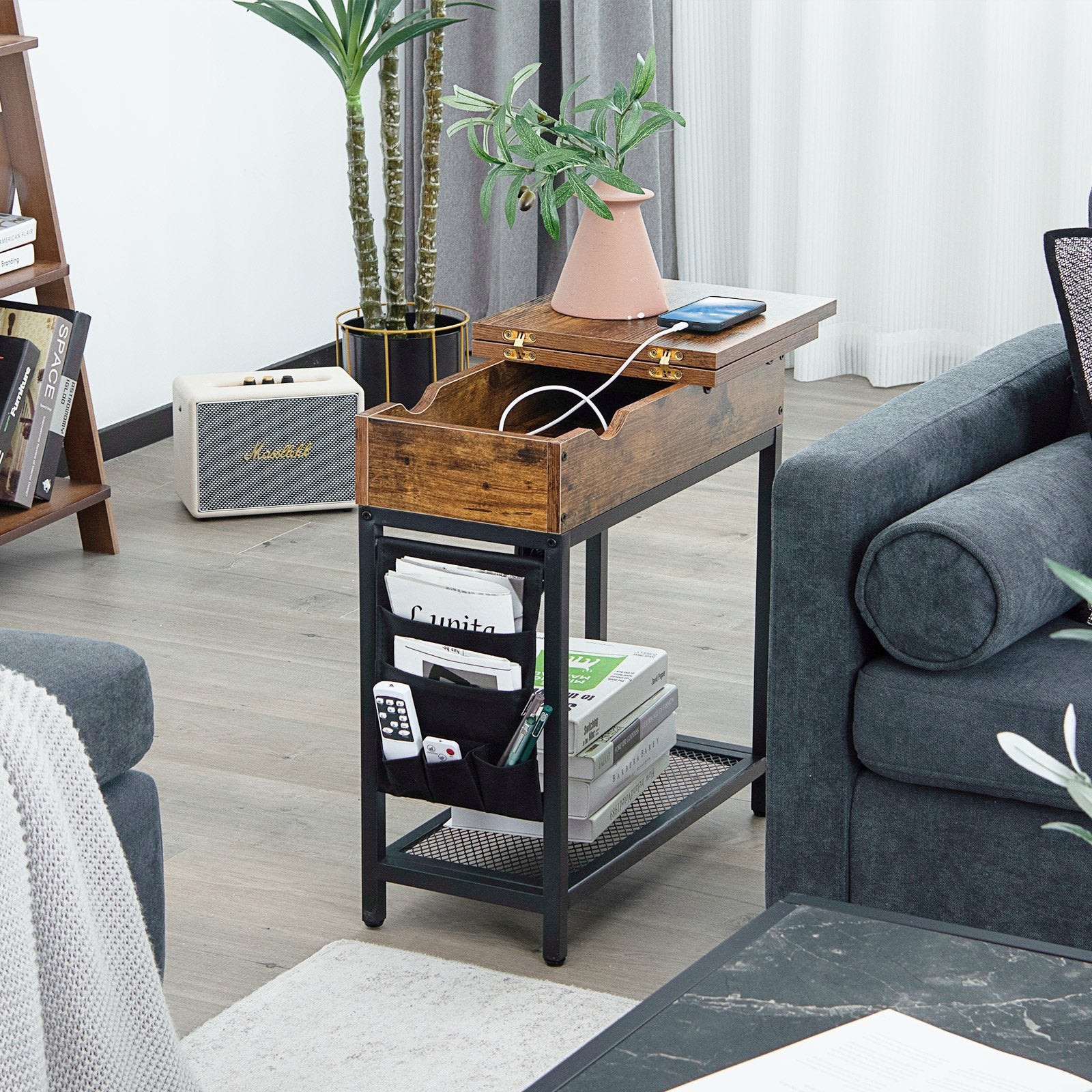 Industrial End Table with Charging Station and Flip Top, Rustic Brown - Gallery Canada
