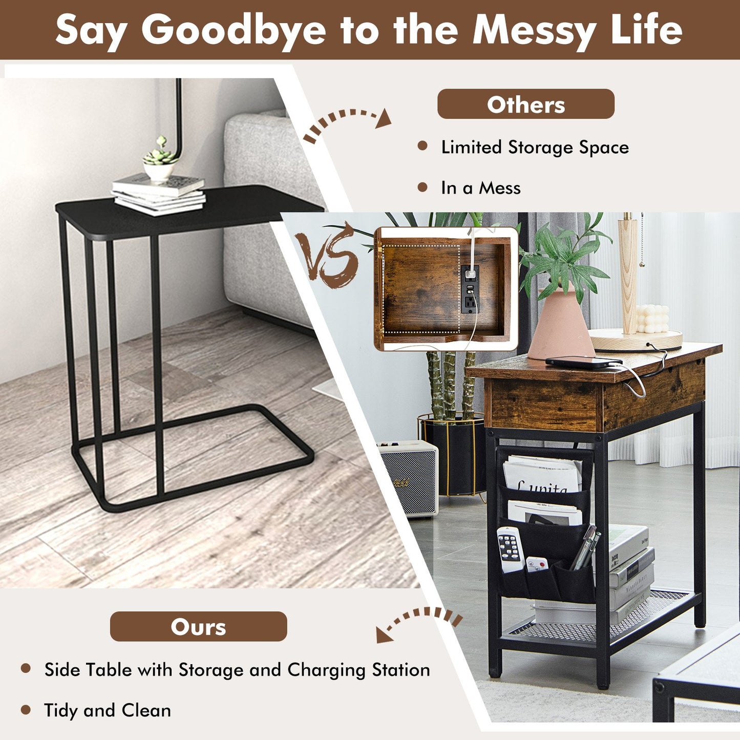 Industrial End Table with Charging Station and Flip Top, Rustic Brown - Gallery Canada