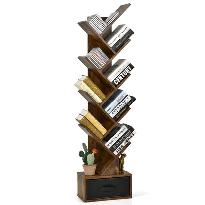 10-tier Tree Bookshelf with Drawer Free-standing Storage Bookcase, Rustic Brown Bookcases at Gallery Canada