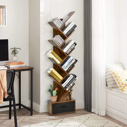 10-tier Tree Bookshelf with Drawer Free-standing Storage Bookcase, Rustic Brown Bookcases at Gallery Canada