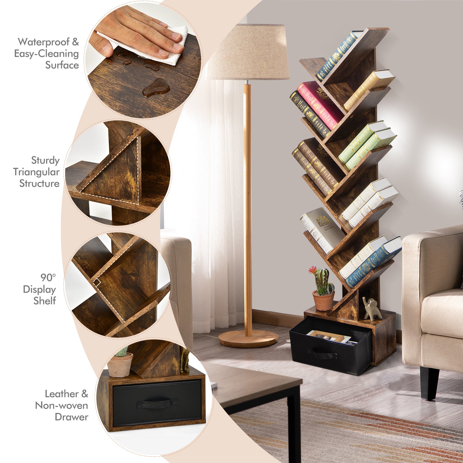 10-tier Tree Bookshelf with Drawer Free-standing Storage Bookcase, Rustic Brown Bookcases at Gallery Canada