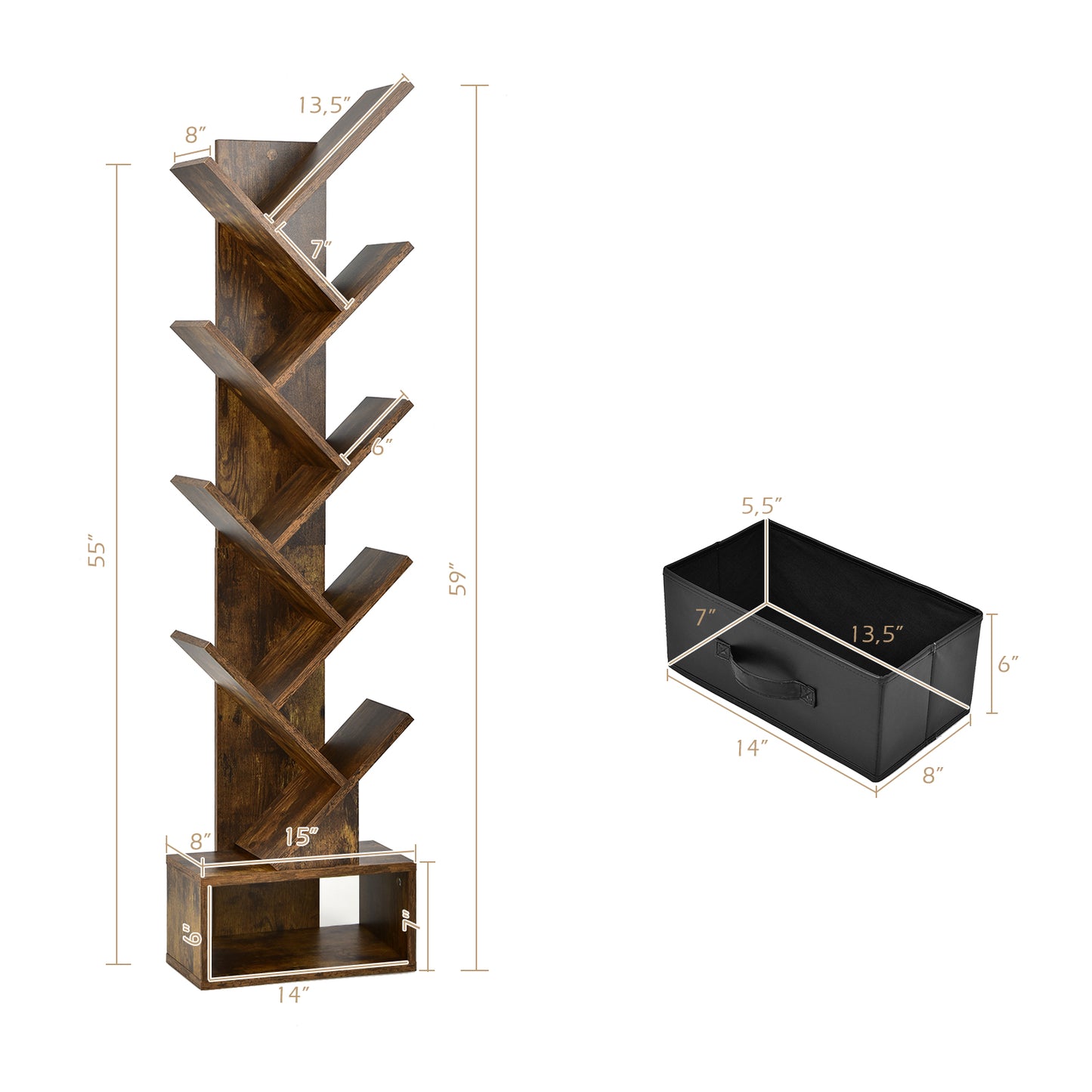 10-tier Tree Bookshelf with Drawer Free-standing Storage Bookcase, Rustic Brown Bookcases at Gallery Canada