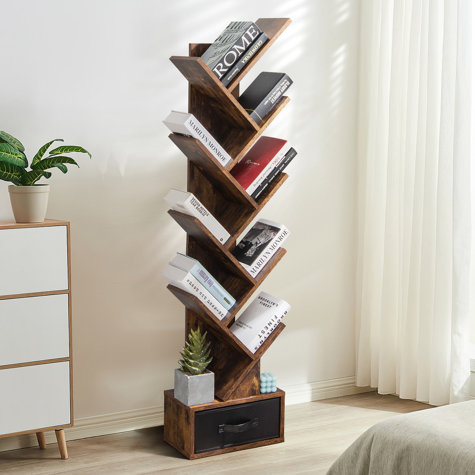 10-tier Tree Bookshelf with Drawer Free-standing Storage Bookcase, Rustic Brown Bookcases at Gallery Canada