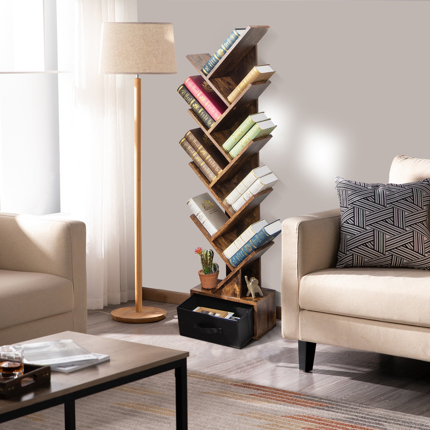 10-tier Tree Bookshelf with Drawer Free-standing Storage Bookcase, Rustic Brown Bookcases at Gallery Canada