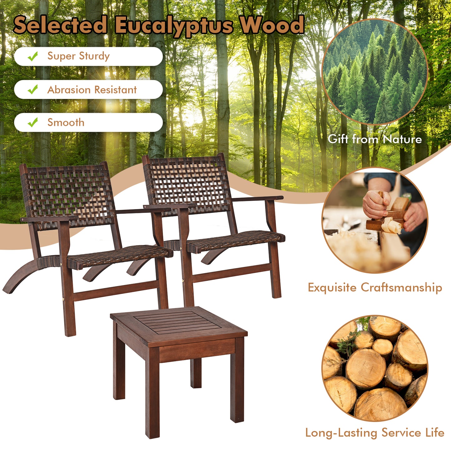 3 Pieces Outdoor Wooden Patio Rattan Furniture Set, Brown Patio Conversation Sets at Gallery Canada