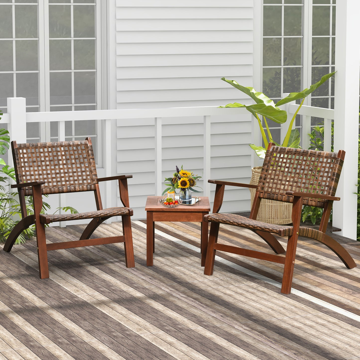 3 Pieces Outdoor Wooden Patio Rattan Furniture Set, Brown Patio Conversation Sets at Gallery Canada