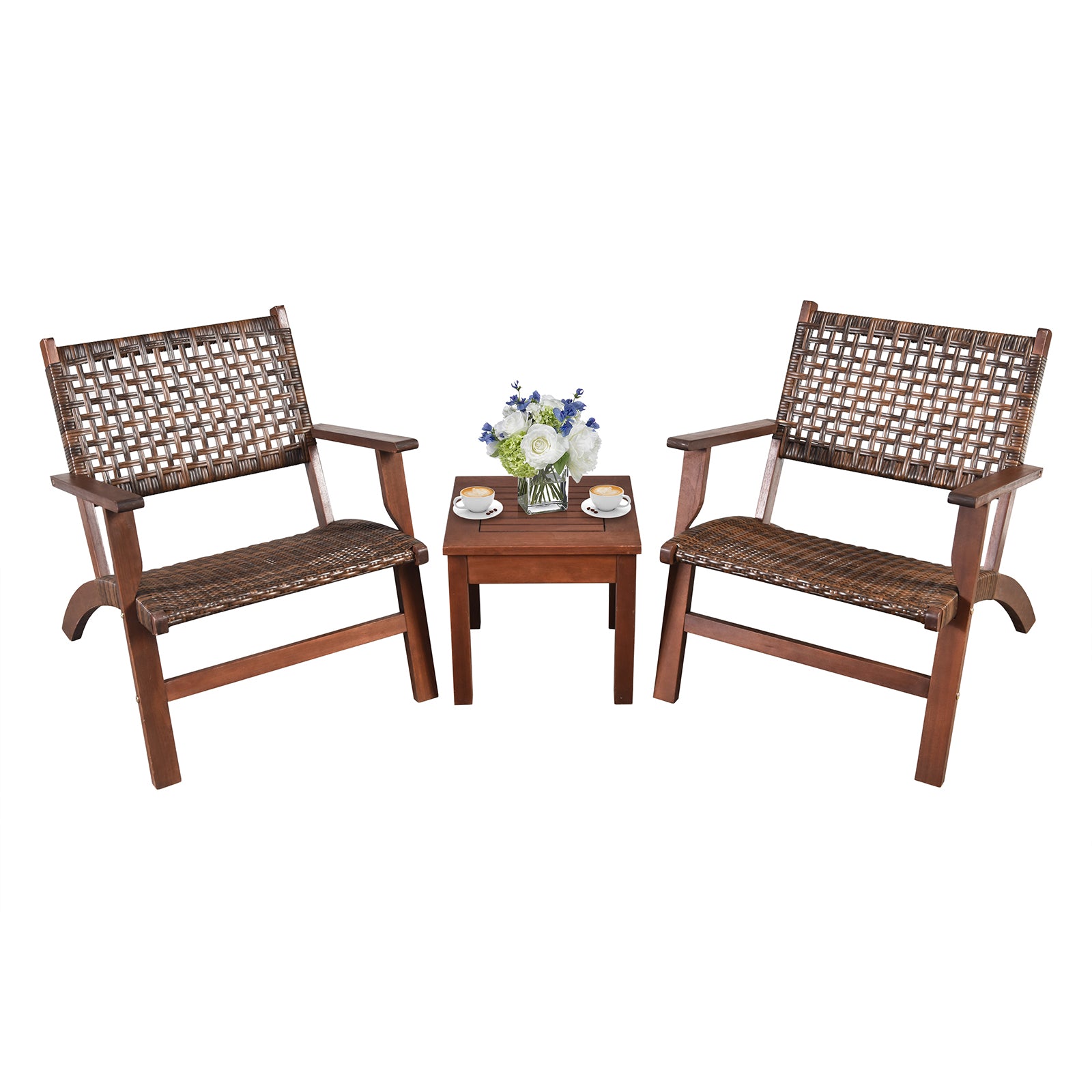 3 Pieces Outdoor Wooden Patio Rattan Furniture Set, Brown Patio Conversation Sets at Gallery Canada
