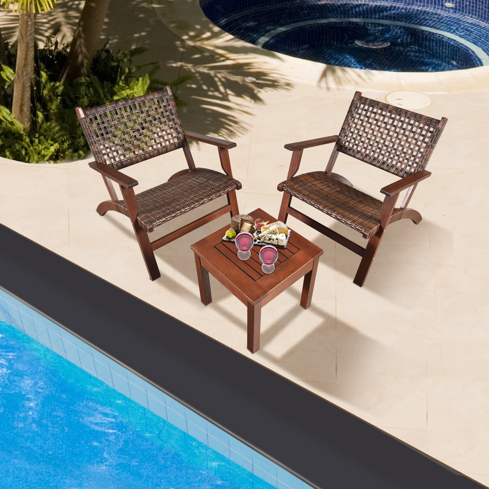 3 Pieces Outdoor Wooden Patio Rattan Furniture Set, Brown Patio Conversation Sets at Gallery Canada