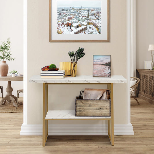 48 Inch 2-Tier Console Table with Gold Finished Frame, White - Gallery Canada