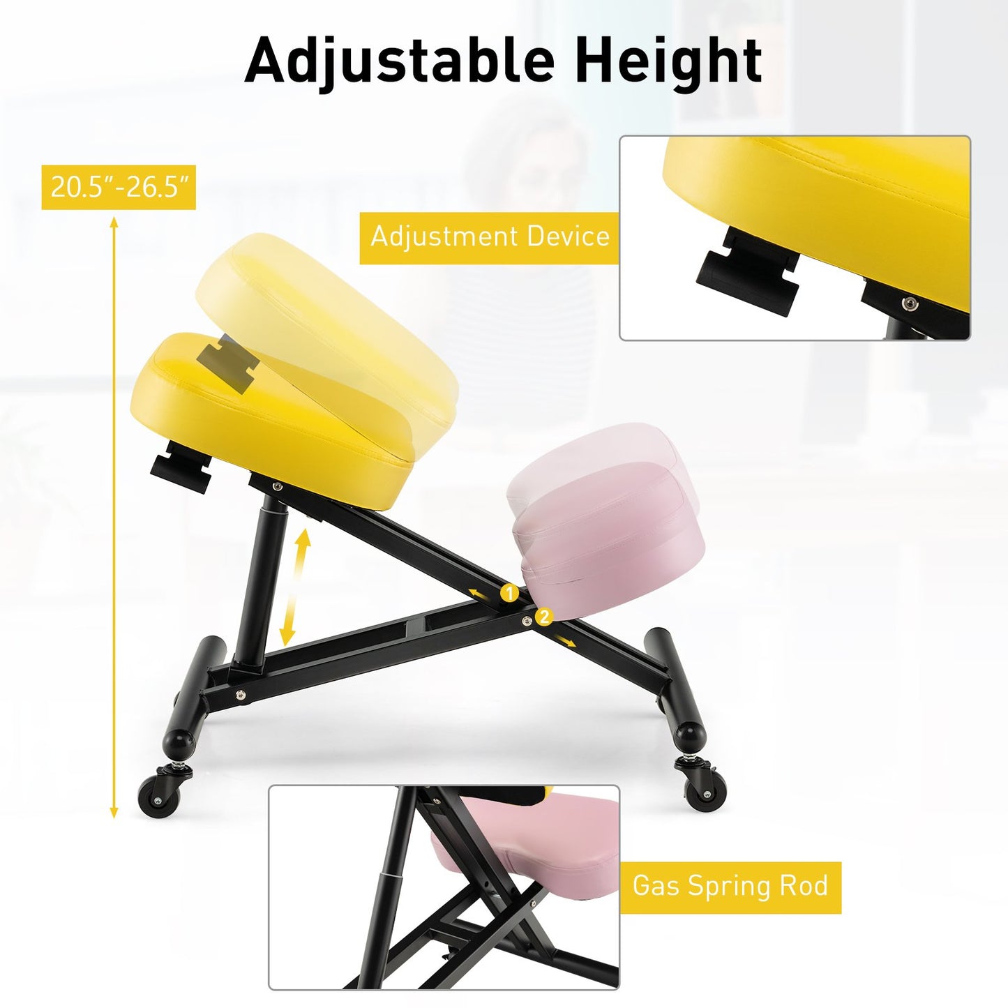 Adjustable Ergonomic Kneeling Chair with Upgraded Gas Spring Rod and Thick Foam Cushions, Yellow - Gallery Canada