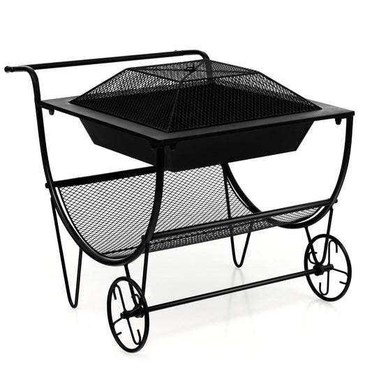 Outdoor Wood Burning Fire Pit with Log Storage Rack and Wheels, Black at Gallery Canada