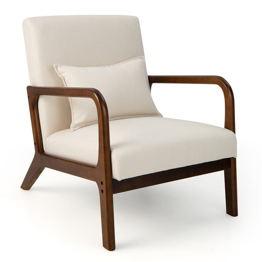 Modern Accent Chair with Rubber Wood Frame and Lumbar Pillow, Beige - Gallery Canada
