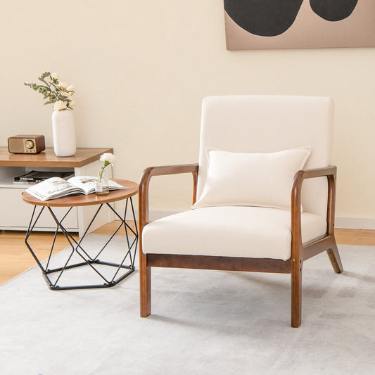 Modern Accent Chair with Rubber Wood Frame and Lumbar Pillow, Beige - Gallery Canada