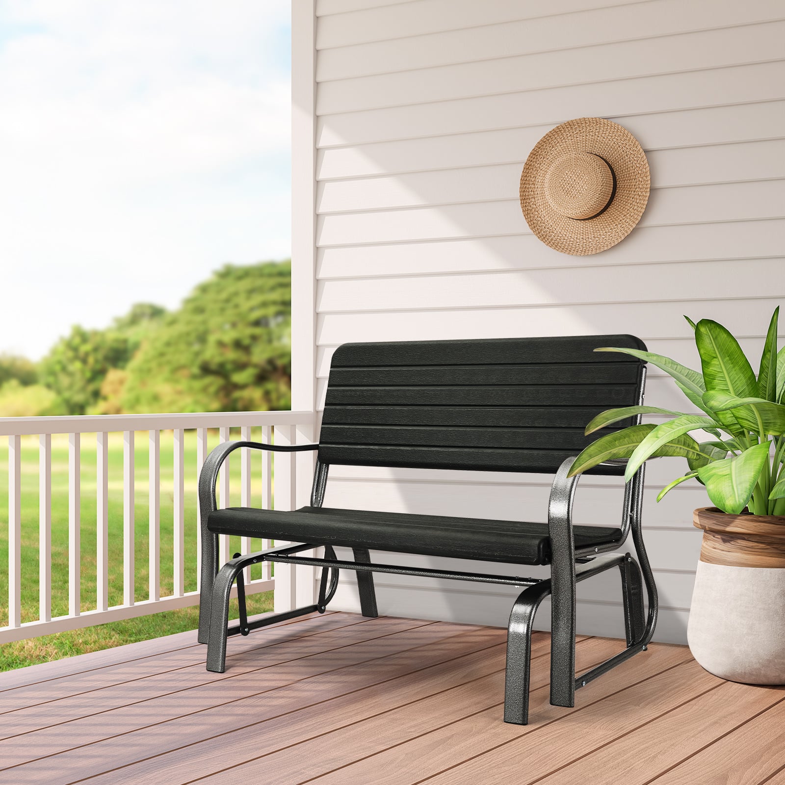 2-Seat Porch Glider, HDPE Back Seat, Steel Frame, Black Patio Rocking Chairs & Gliders at Gallery Canada