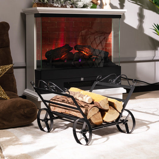 Firewood Rack Decorative Rustproof Steel Fireplace Log Holder with Wheels, Black - Gallery Canada
