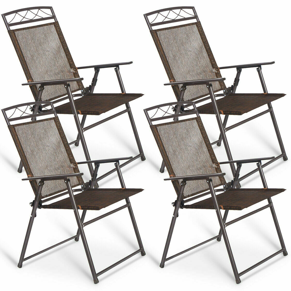Set Of 4 Patio Folding Sling Chairs, Brown