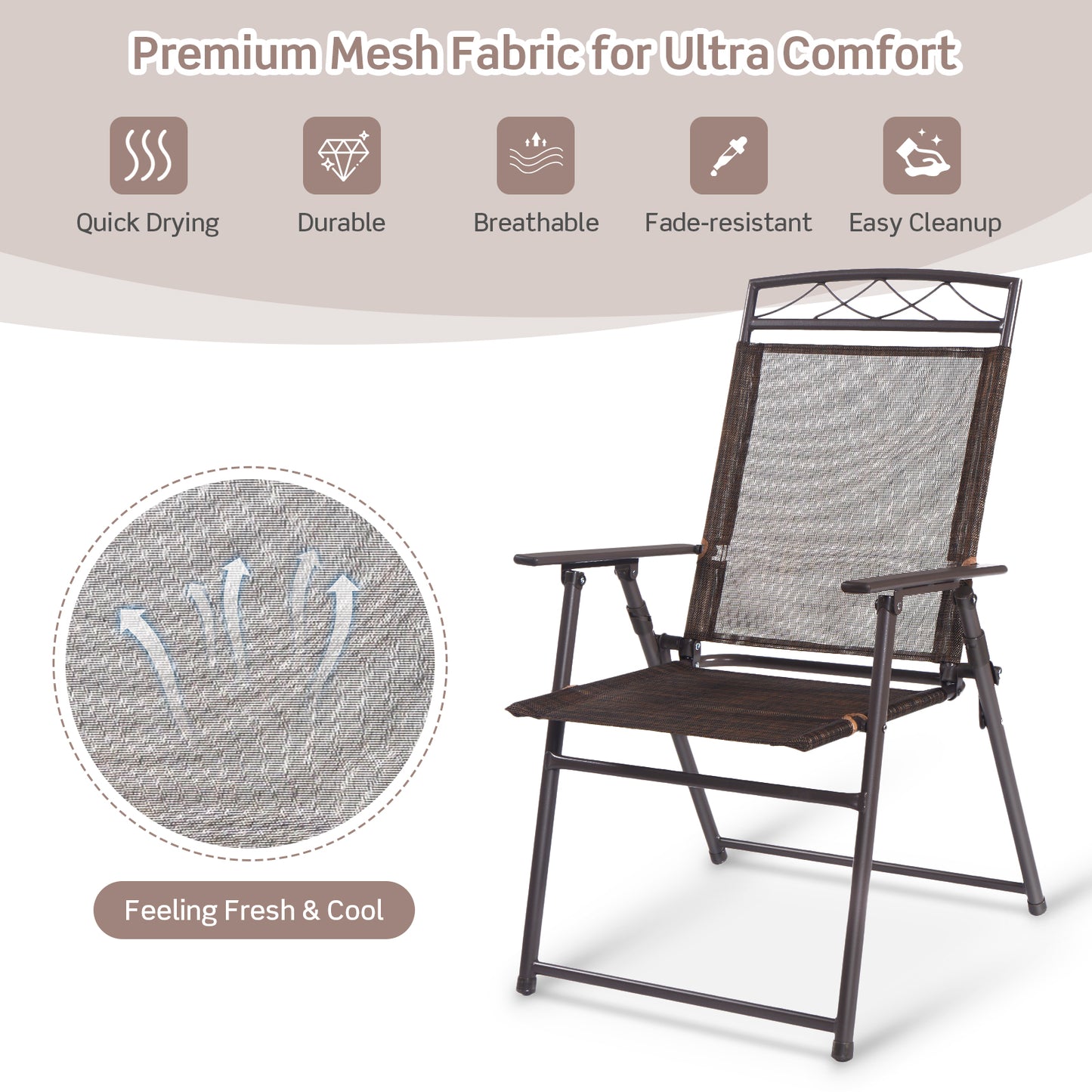 Set Of 4 Patio Folding Sling Chairs, Brown