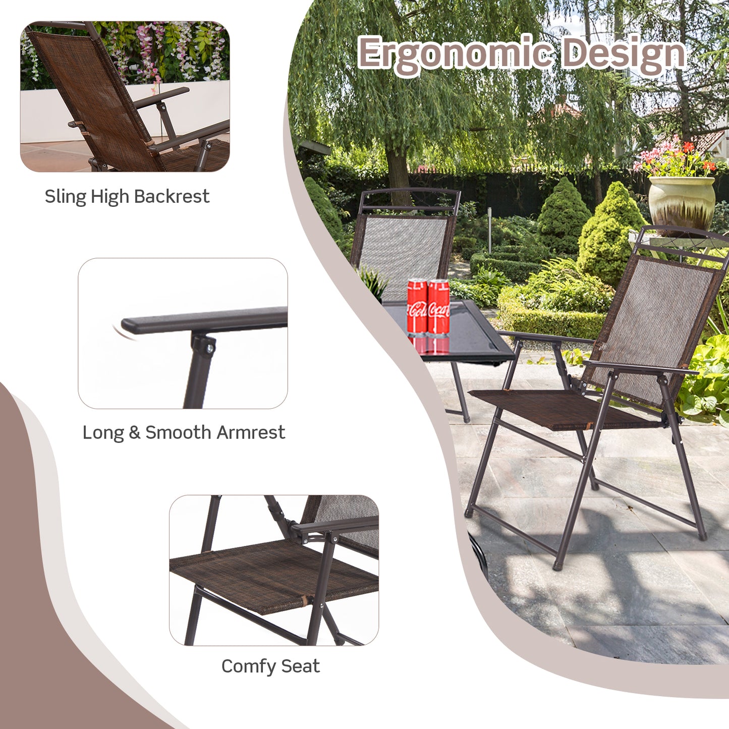 Set Of 4 Patio Folding Sling Chairs, Brown