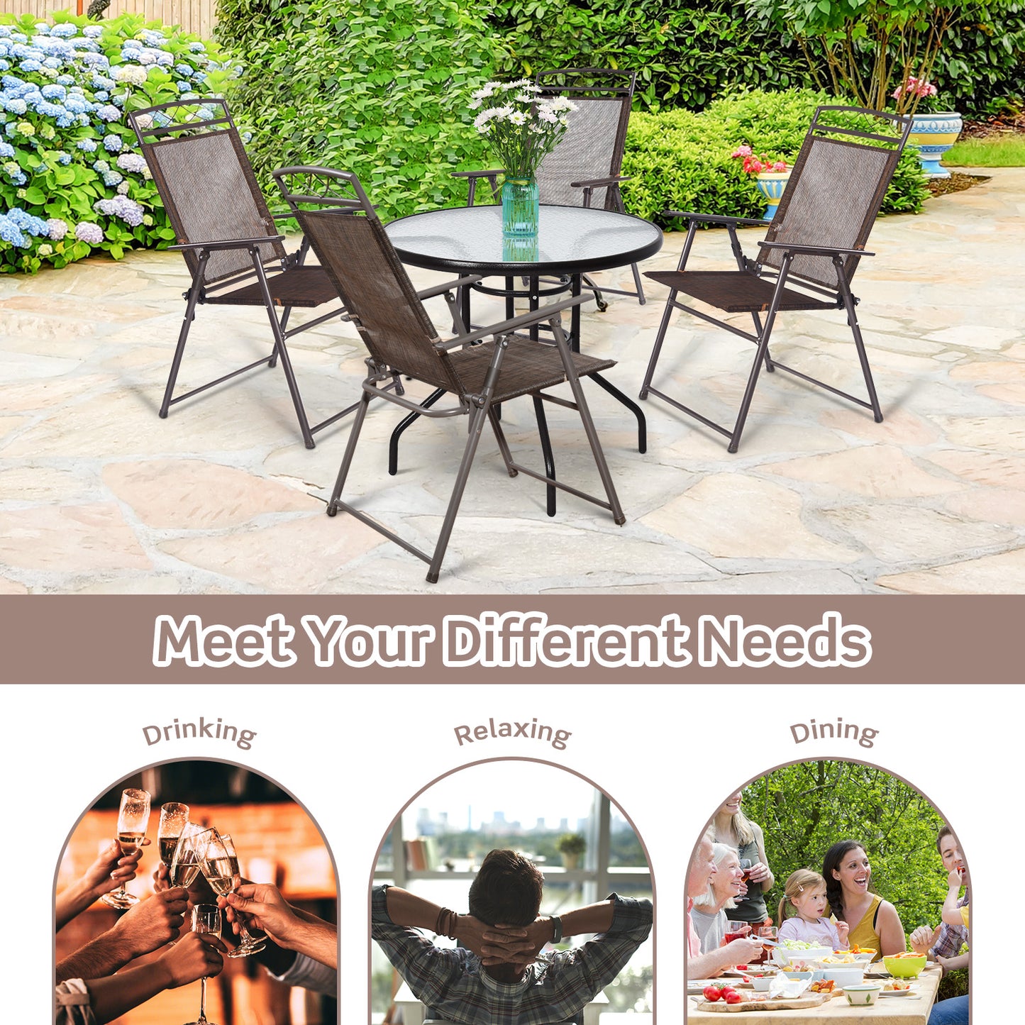 Set Of 4 Patio Folding Sling Chairs, Brown