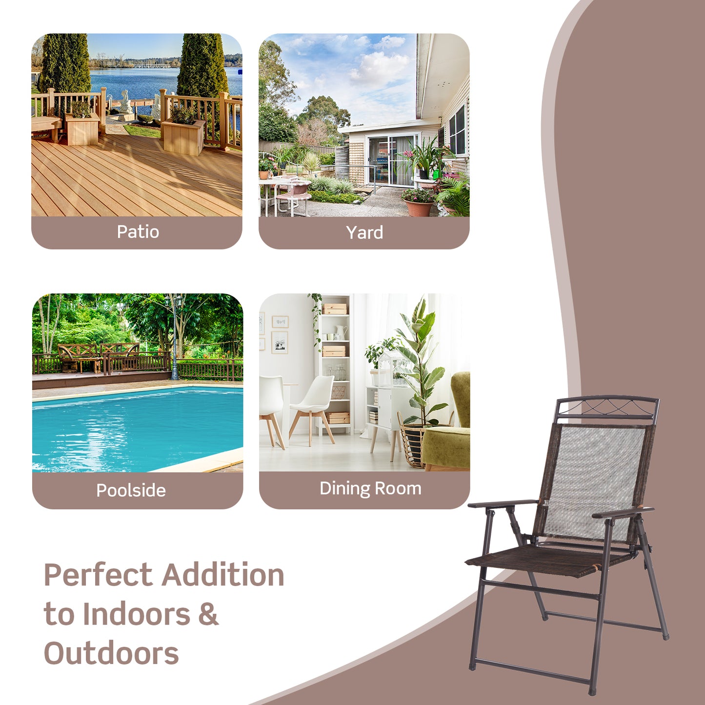 Set Of 4 Patio Folding Sling Chairs, Brown
