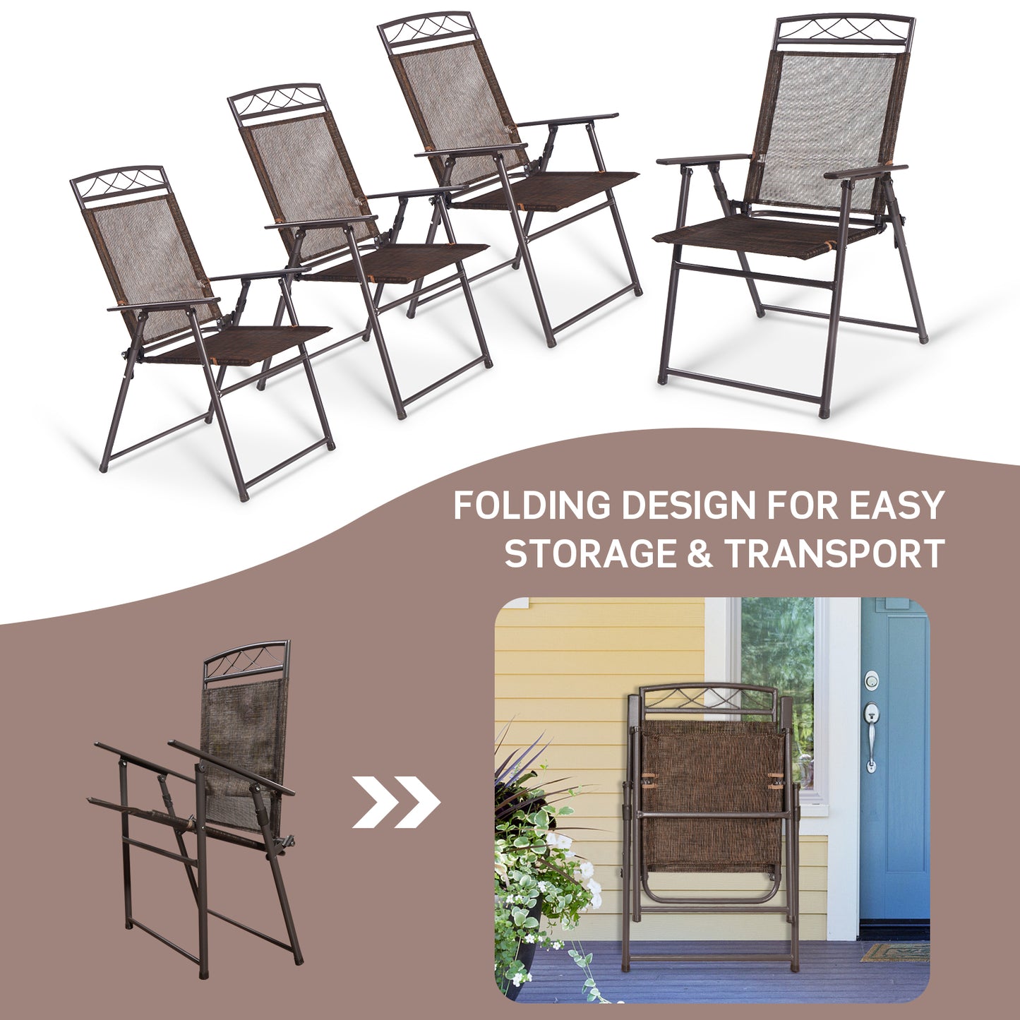 Set Of 4 Patio Folding Sling Chairs, Brown