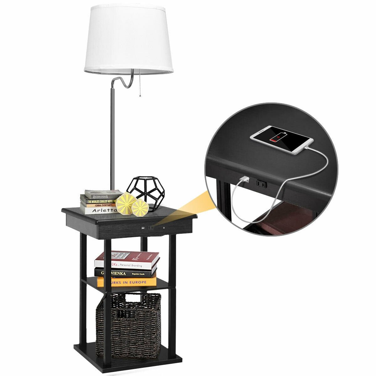 Floor Lamp Bedside Desk with USB Charging Ports Shelves, Black - Gallery Canada