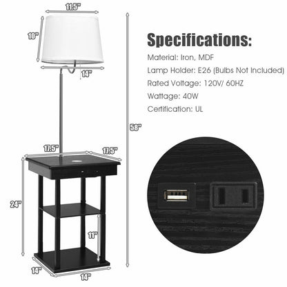 Floor Lamp Bedside Desk with USB Charging Ports Shelves, Black - Gallery Canada