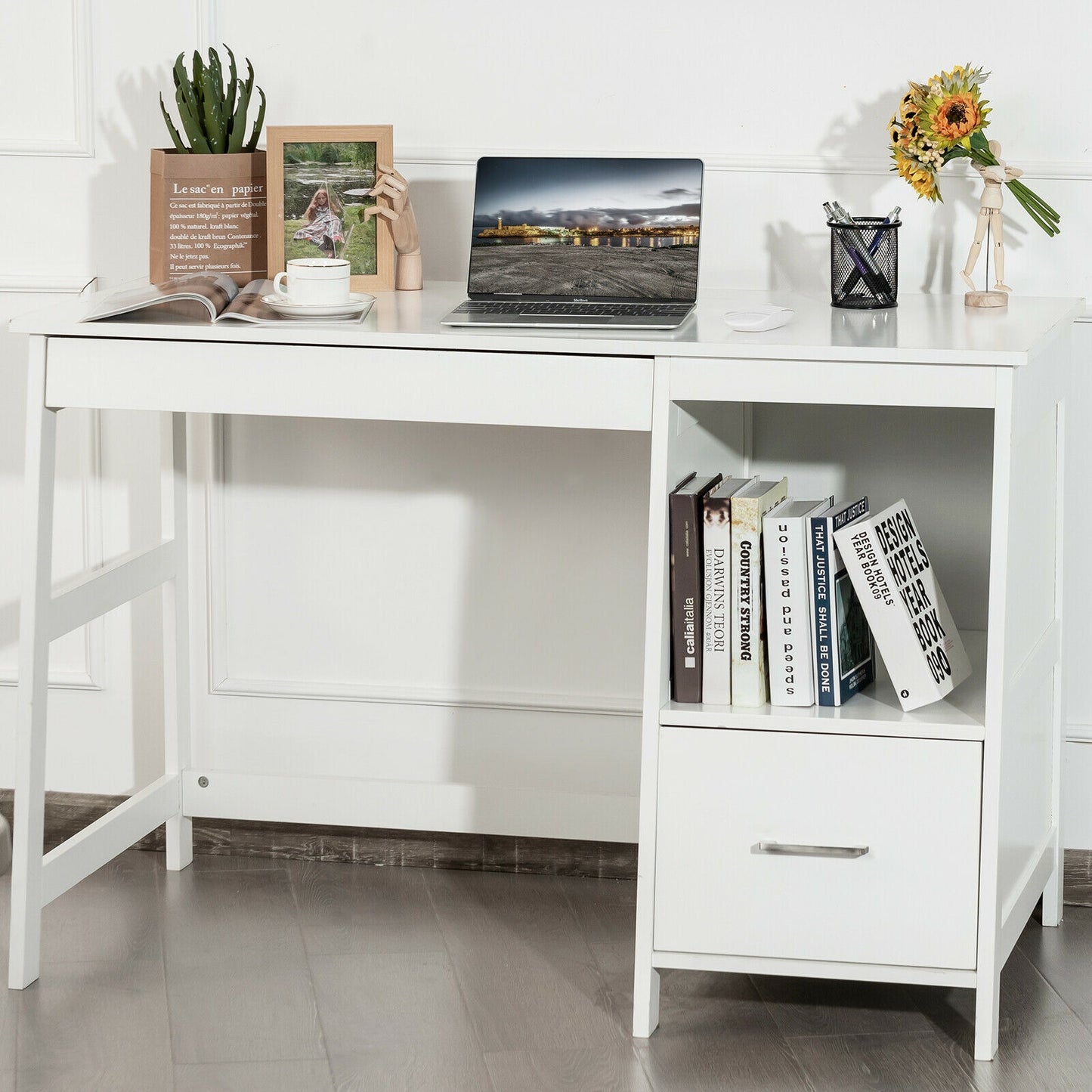 47.5 Inch Modern Computer Desk, 2 Storage Drawers, White Writing Desks at Gallery Canada